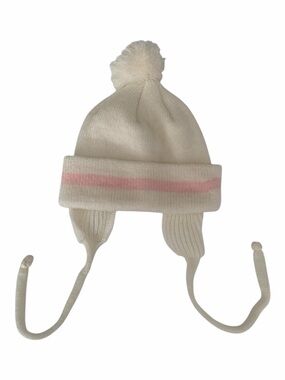 Vintage Baby Girl Knit Ear Flap Hat Pom Pom Top Tassel Beanie Cream Pink Stripes